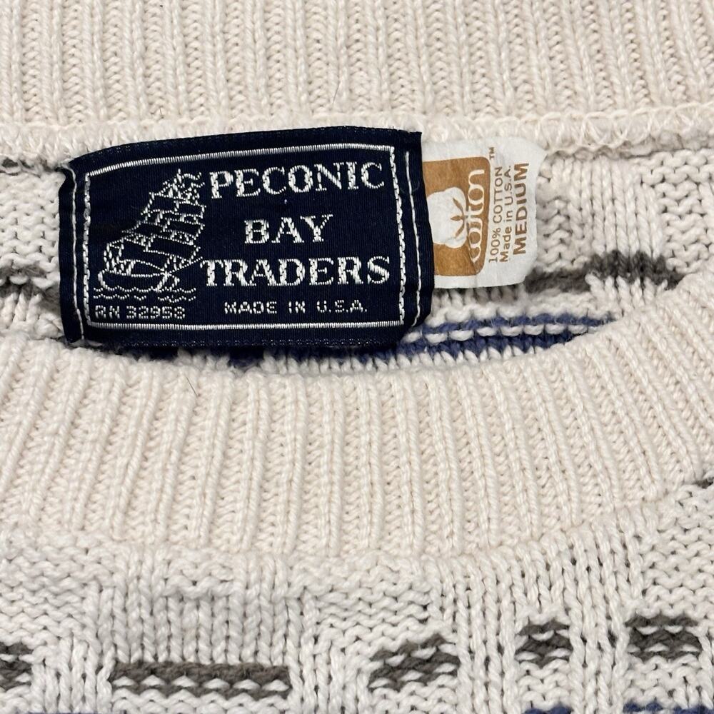 Vintage Textured Cotton Crew Neck Sweater USA Medium Cream Green Blue Pullover - Picture 2 of 6
